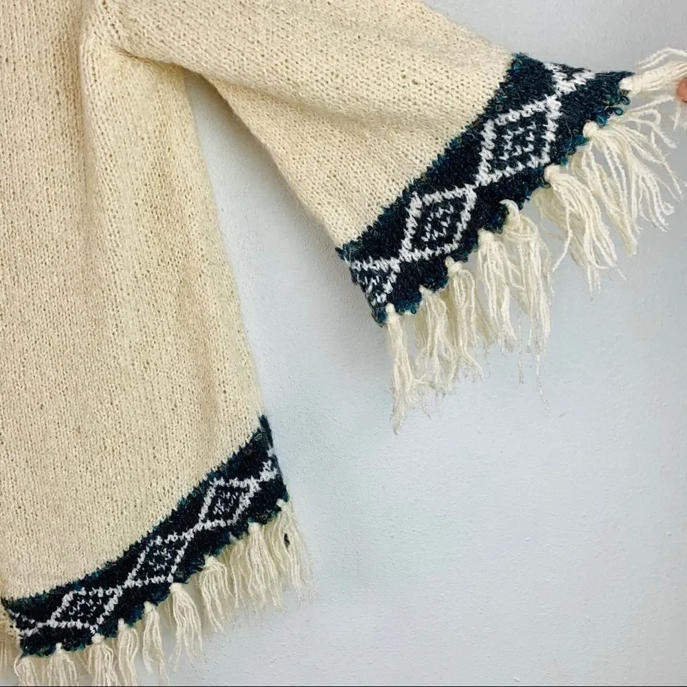 Vintage Fringe Knit Button Front Poncho Sweater